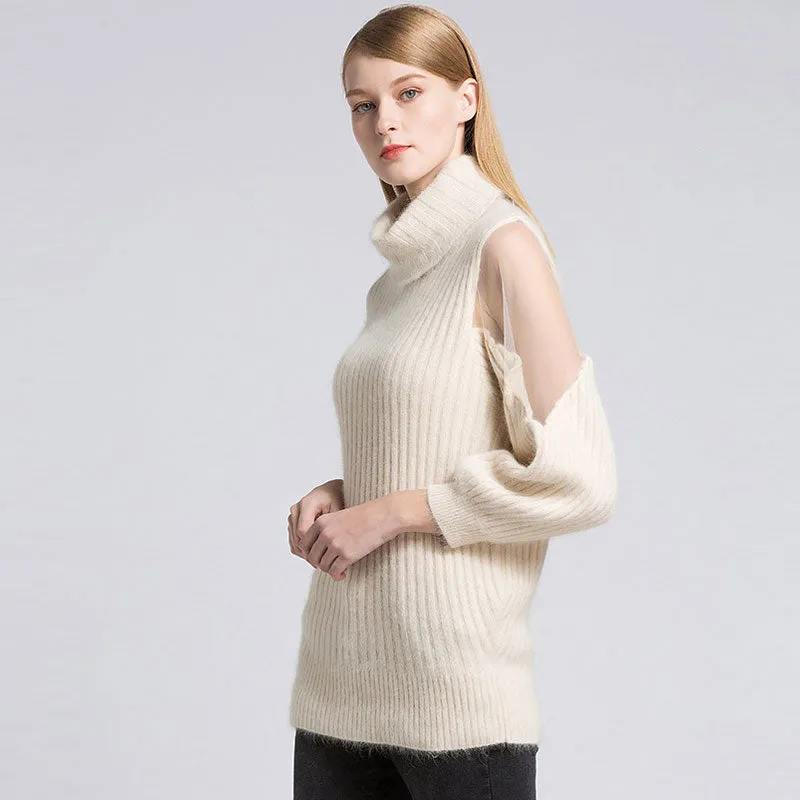 Chic Mesh Panel Cowl Neck Cream Long Sleeve Rib Knit Long Sweater