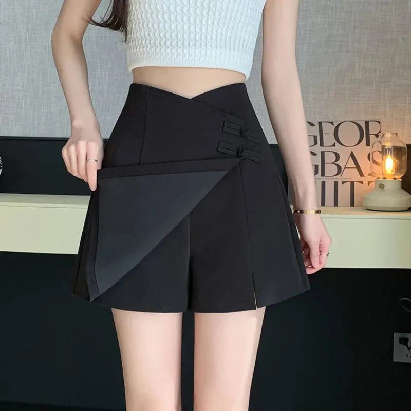Chinese Style Knot Button Asymmetric Slit Fashion High Waist Women's Shorts