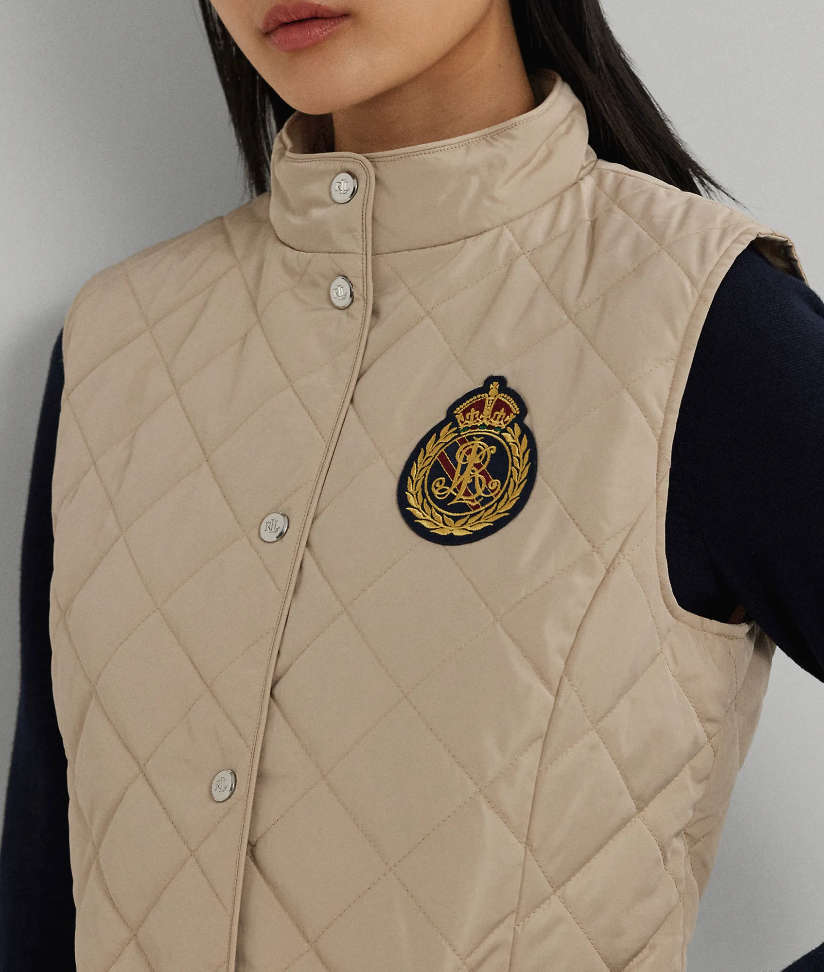 Crest-patch Quilted Mockneck Vest - Beige