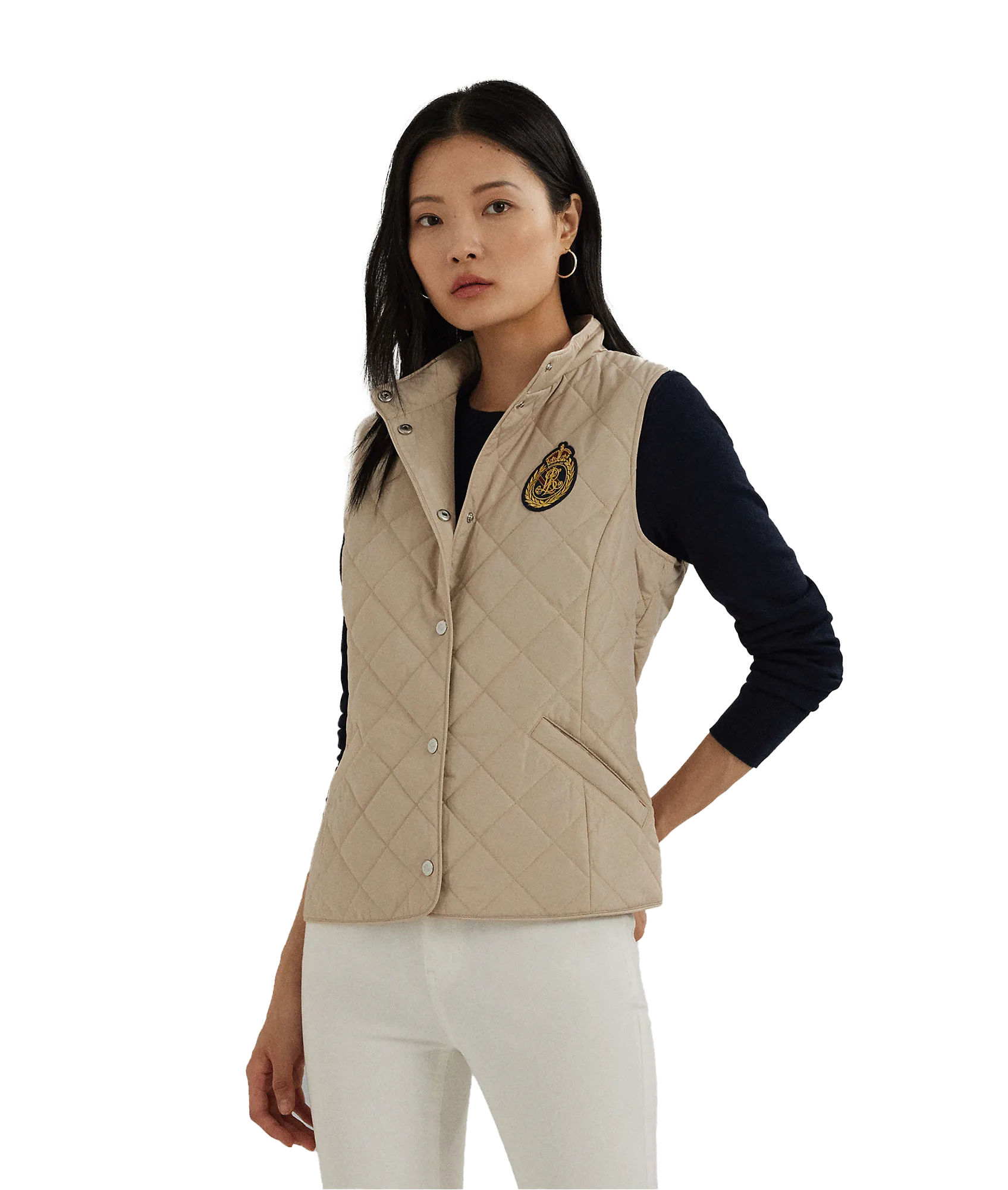 Crest-patch Quilted Mockneck Vest - Beige