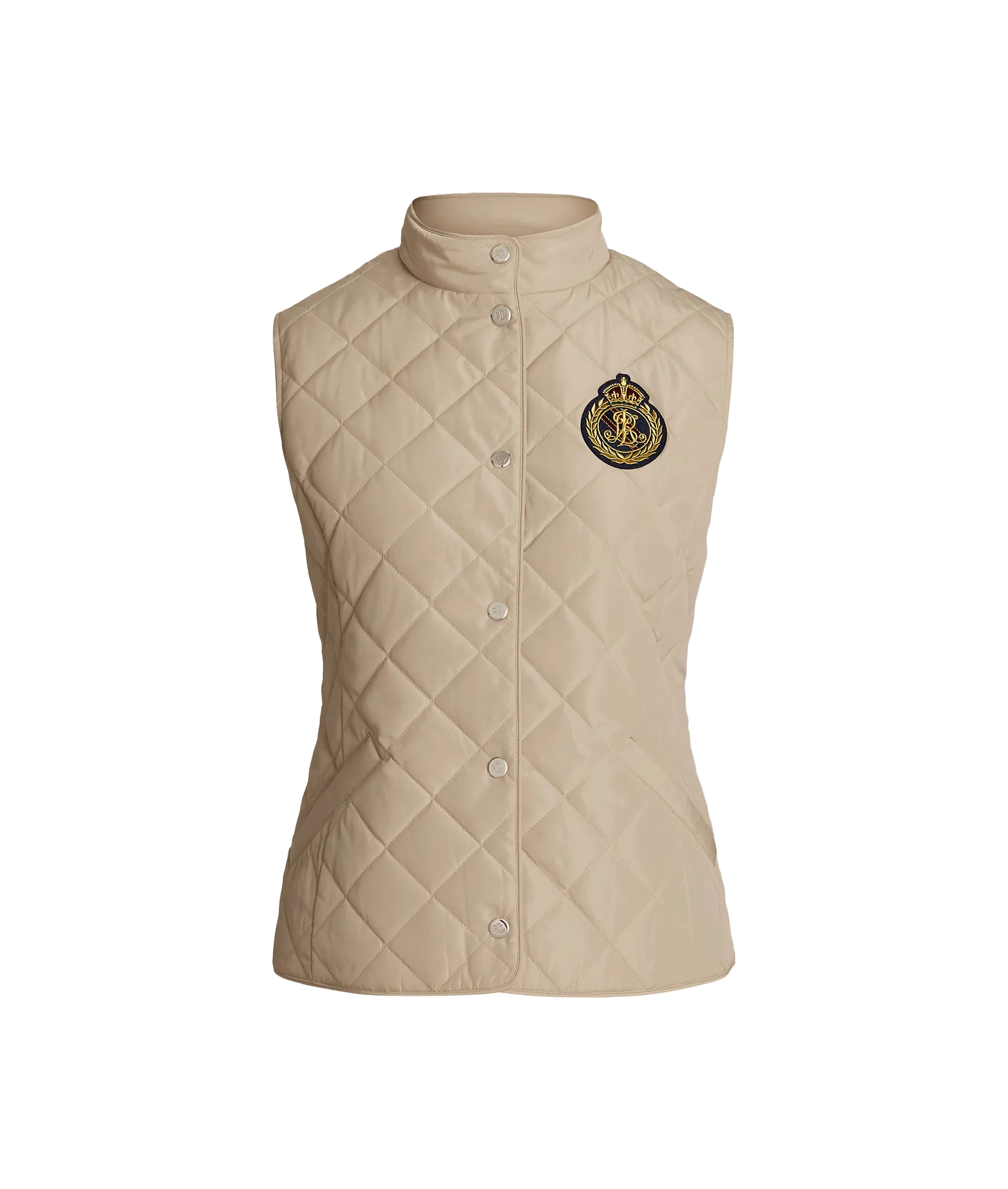 Crest-patch Quilted Mockneck Vest - Beige