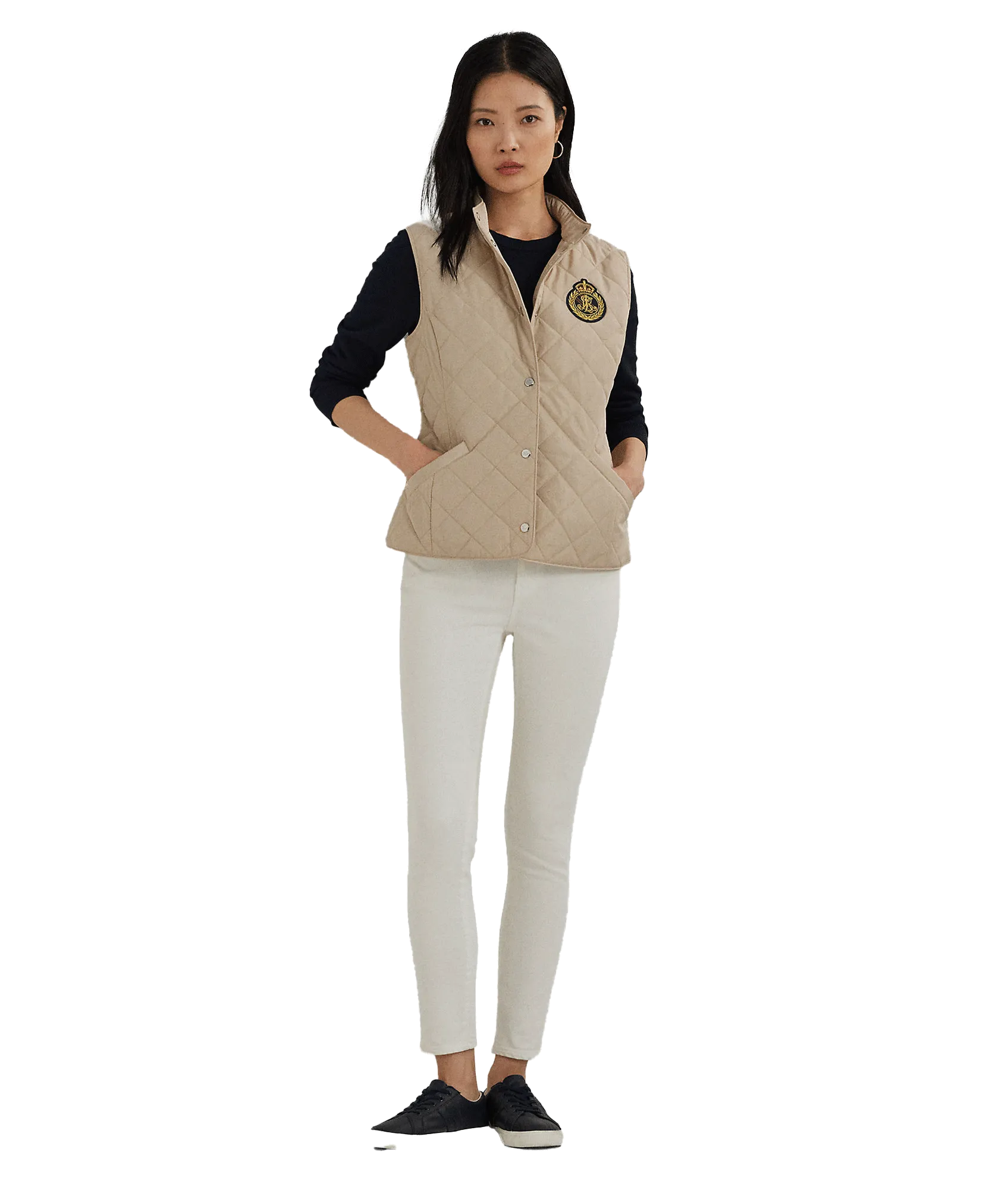 Crest-patch Quilted Mockneck Vest - Beige