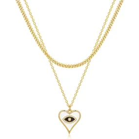 Dainty 14K Gold Layered Evil Eye Religious Necklace- Cuban Chain Heart Eye