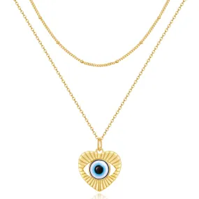 Dainty 14K Gold Layered Evil Eye Religious Necklace- Heart Shaped Blue Eyes Satellite