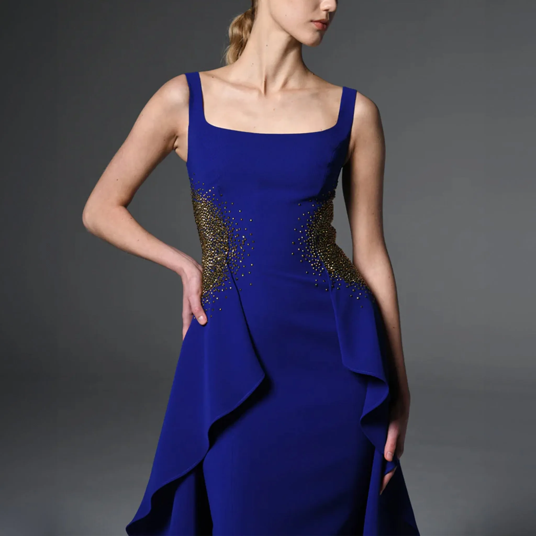 Dark Blue Crepe Dress Embroidered On The Waist