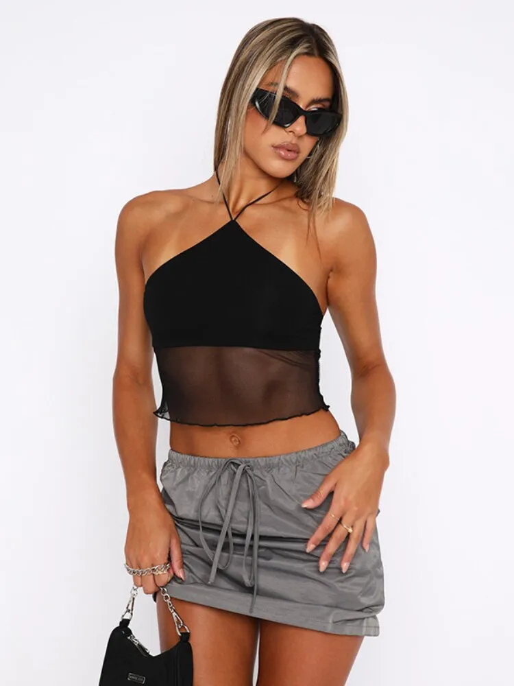 DressBetty - Streetwear Backless See Through Bodycon Sexy Lace Up Mesh Short Top