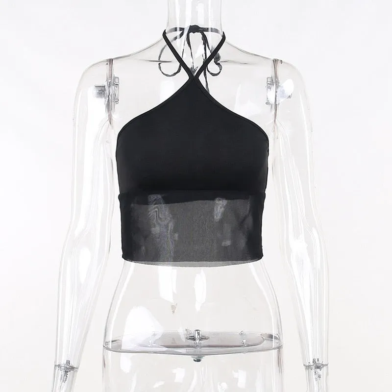 DressBetty - Streetwear Backless See Through Bodycon Sexy Lace Up Mesh Short Top