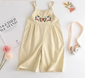 Floral Embroidered Sleeveless Kids Jumpsuit in Beige