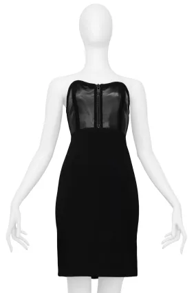 GEOFFREY BEENE BLACK LEATHER & WOOL STRAPLESS DRESS