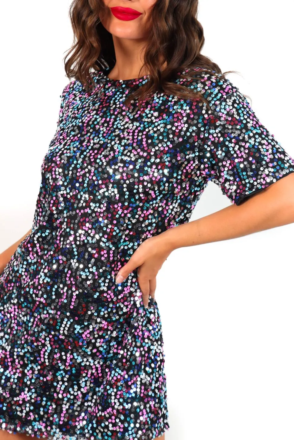 Glow Get It - Pink Blue Sequin Mini T-Shirt Dress