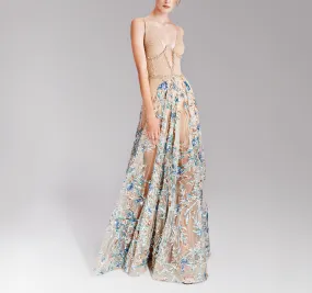 Gold & Greige Embroidered Long Dress