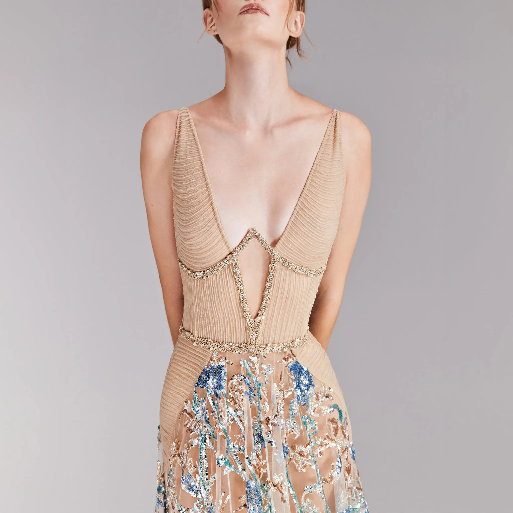 Gold & Greige Embroidered Long Dress