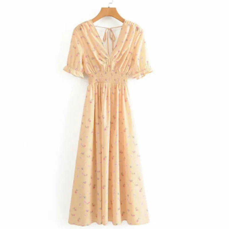 GypsyLady Yellow Floral Print Maxi Dress Vintage Boho Long Dress Women Summer Backless Split Casual Sexy Ladies Dress Female