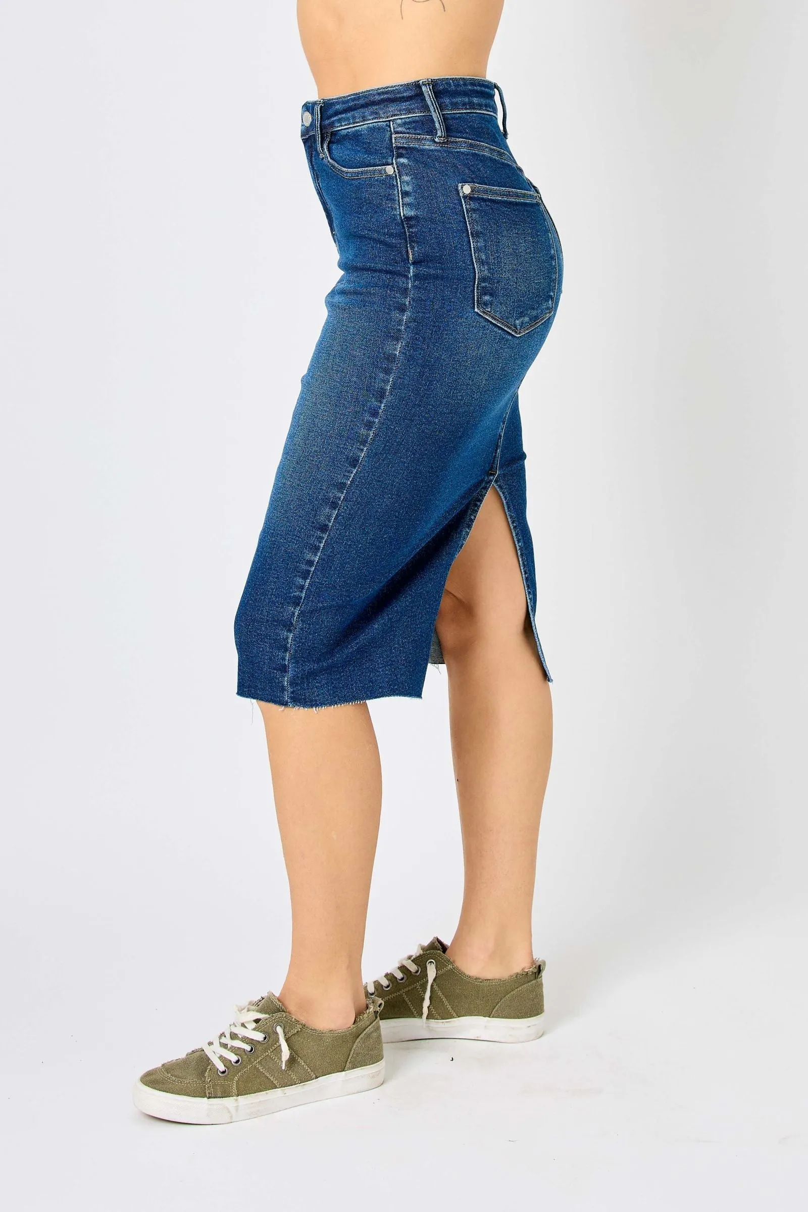 Judy Blue Reg/Plus High Waist Back Slit Hem Mid Length Skirt