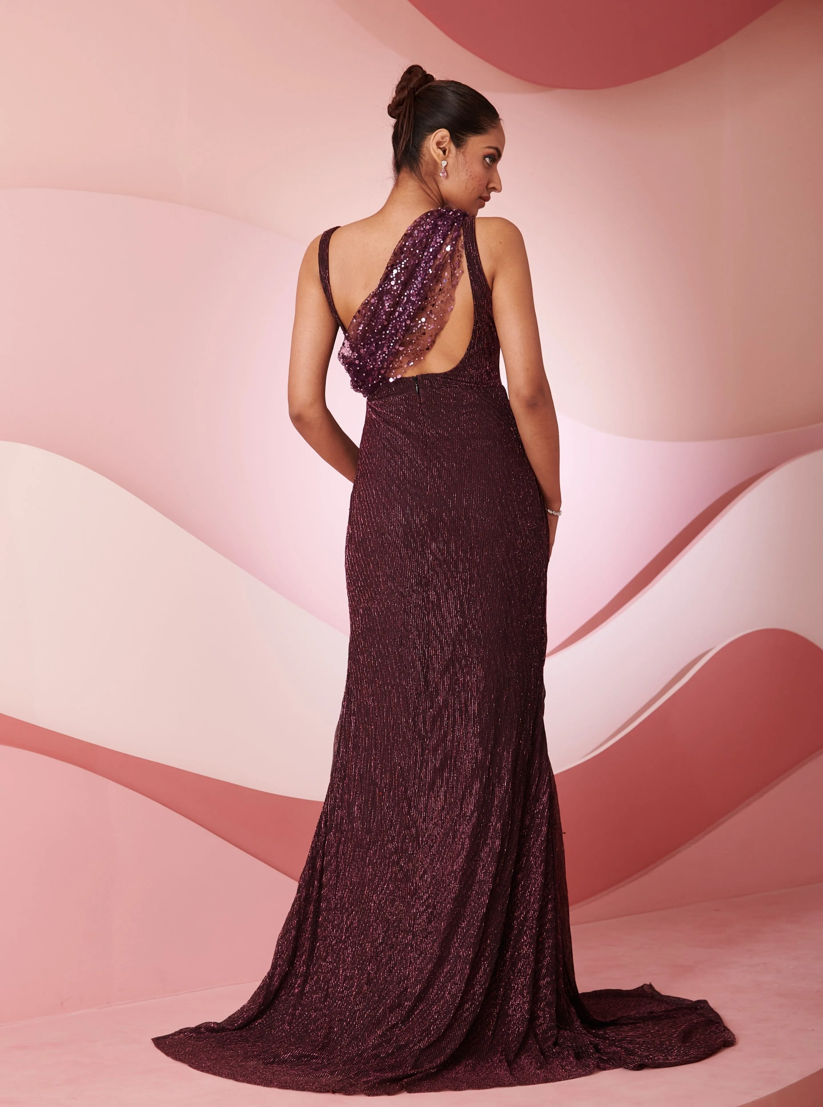 Koa Burgundy Shimmer Embroidered Slit Gown