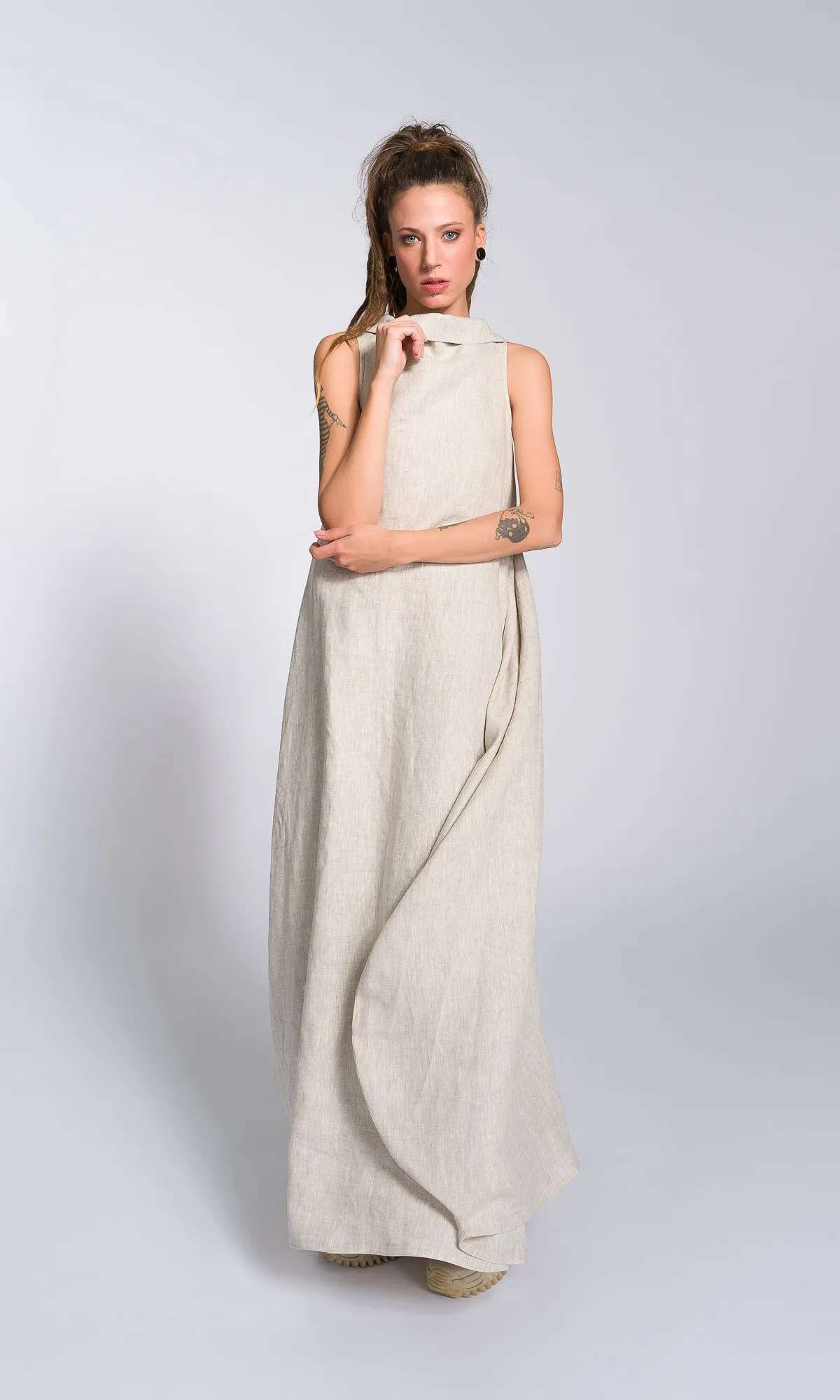 Linen High Neck Cocoon Dress