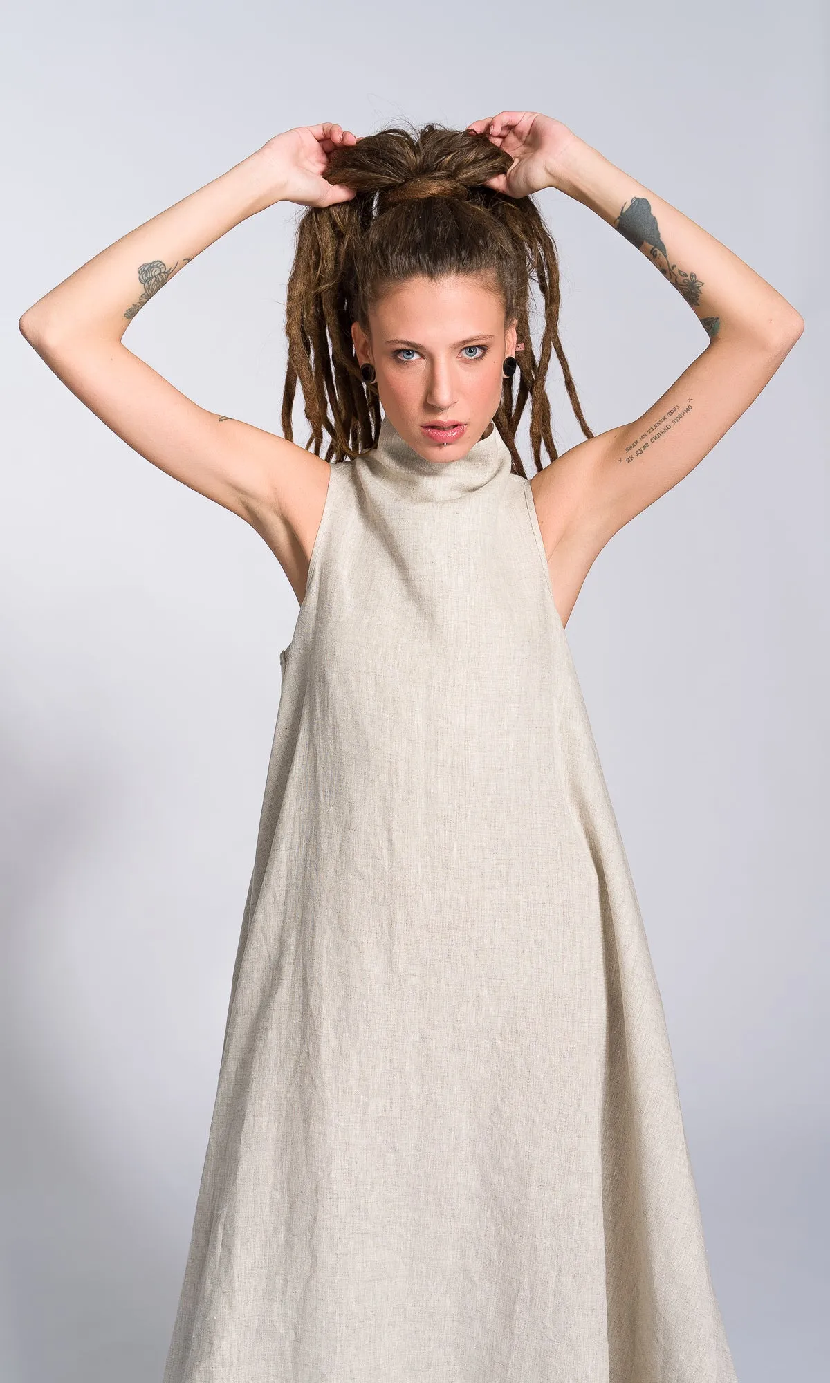Linen High Neck Cocoon Dress