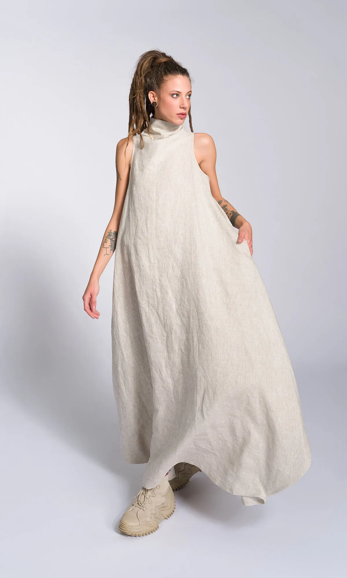 Linen High Neck Cocoon Dress