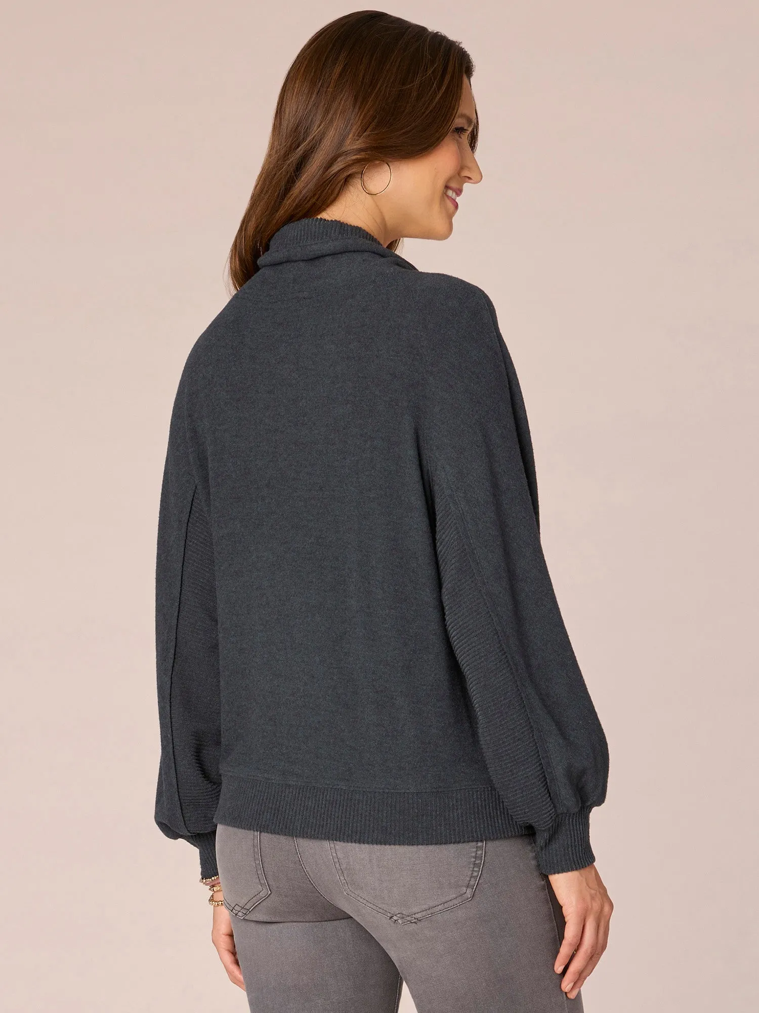 Long Sleeve Double Pocket Petite Knit Top with Funnel Neck Ties