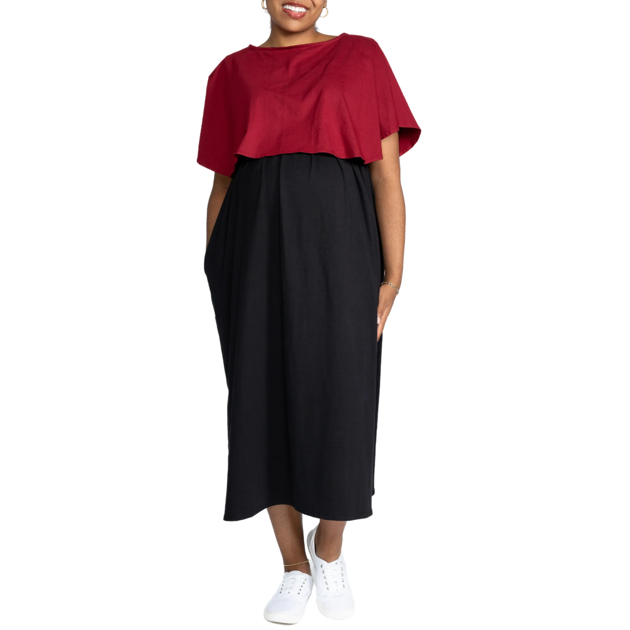 Maroon & Black Nursing Friendly Maternity Maxi Dress