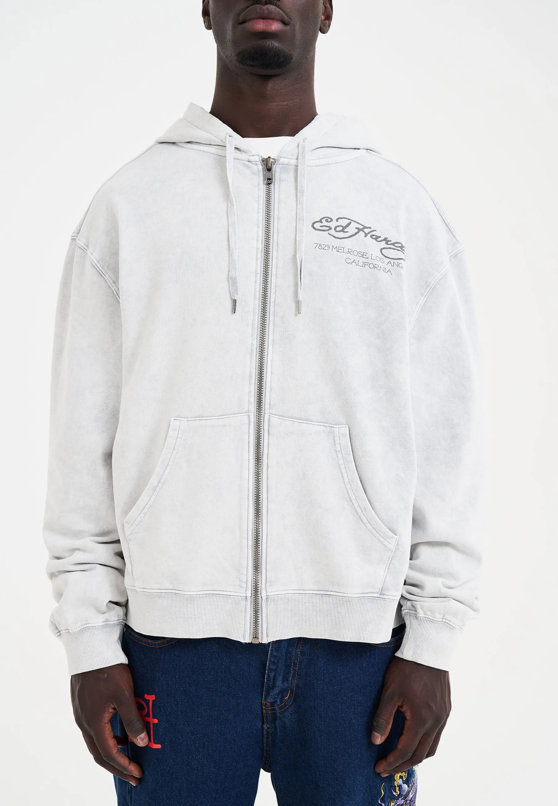 Mens Mono Acid Flaming Skull Zip Through Hoodie - Grey