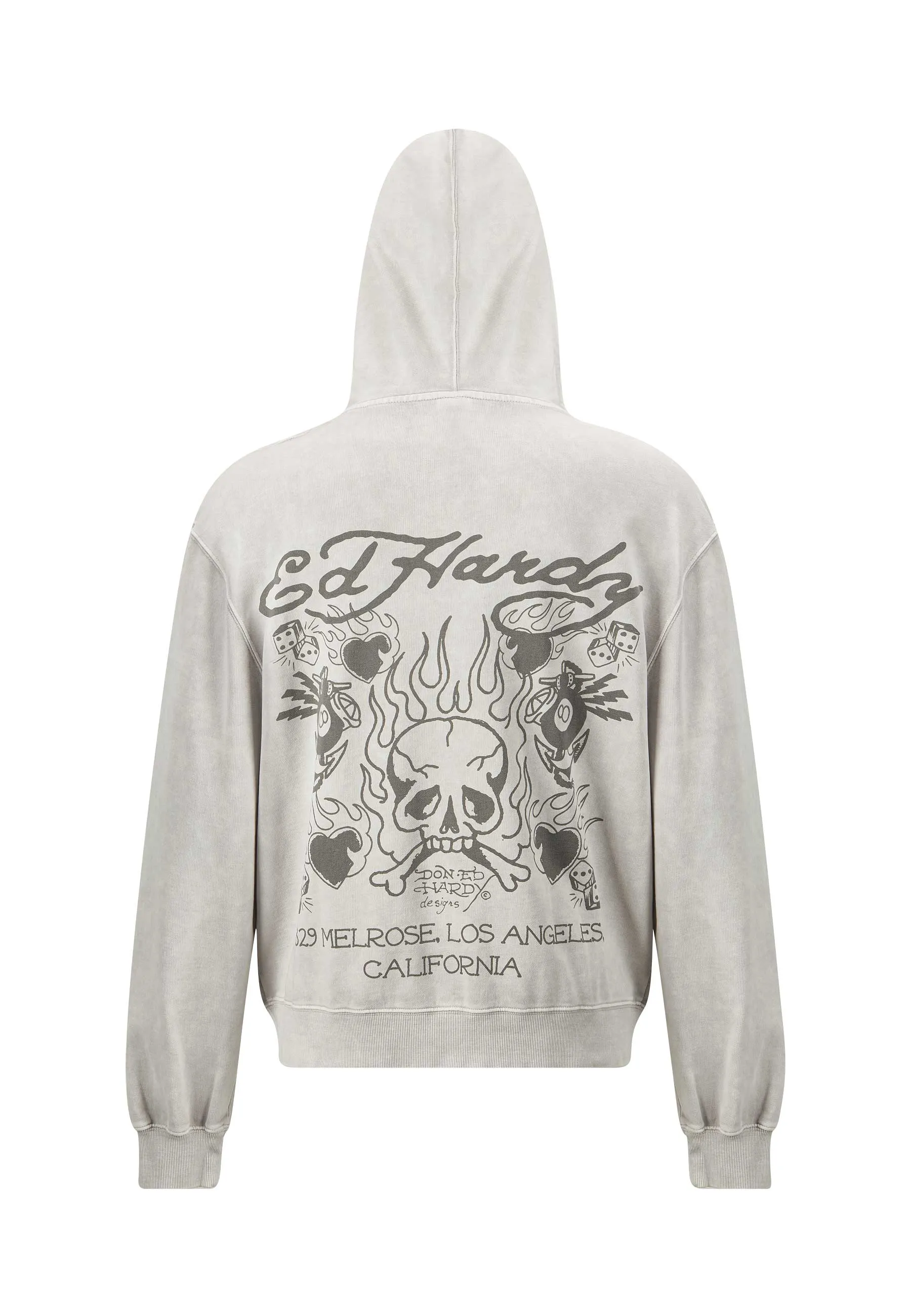 Mens Mono Acid Flaming Skull Zip Through Hoodie - Grey