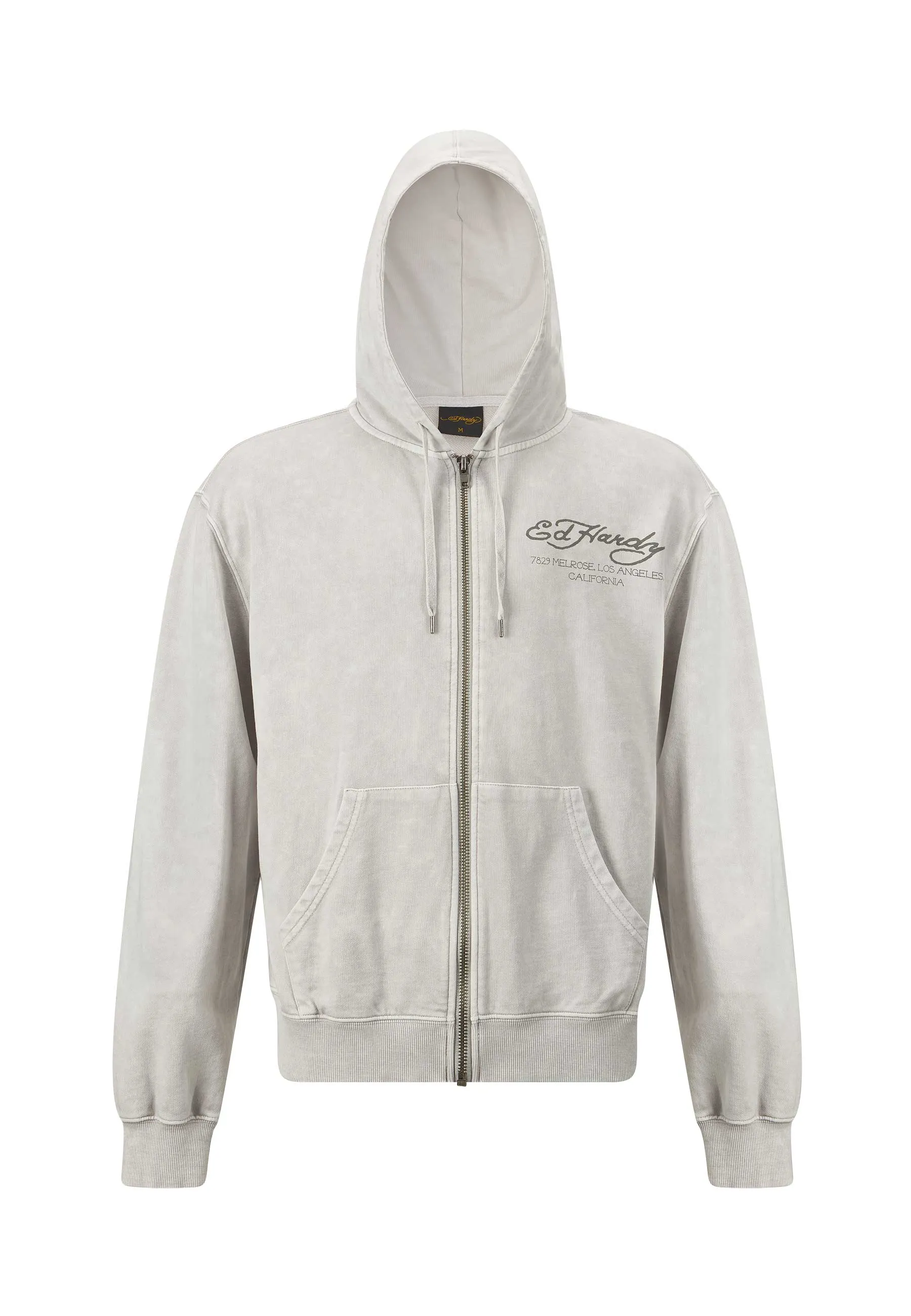 Mens Mono Acid Flaming Skull Zip Through Hoodie - Grey