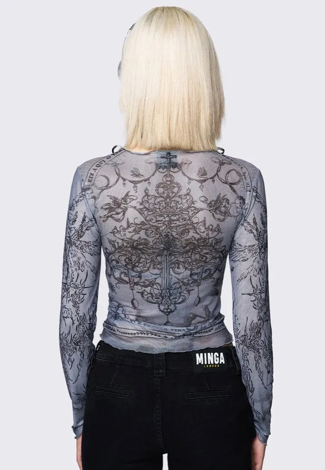 Minga London - Willa Grey Lace Up Mesh Black - Top
