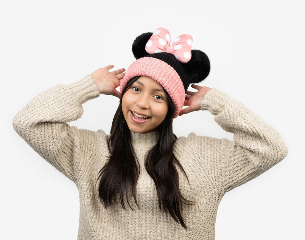 Minnie Mouse Kids Pink and Black Double Pom Beanie