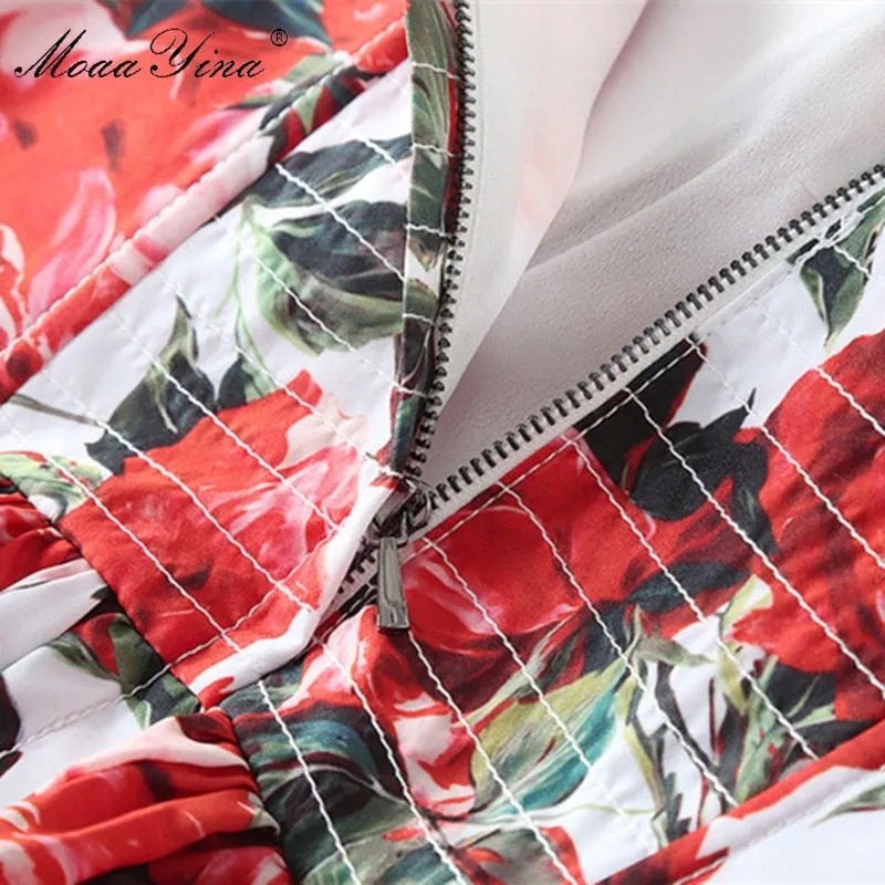 MoaaYina Fashion Designer Runway Ball Gown Dress Summer Women Spaghetti strap Backless Floral Print Cascading Ruffle Beach Dress