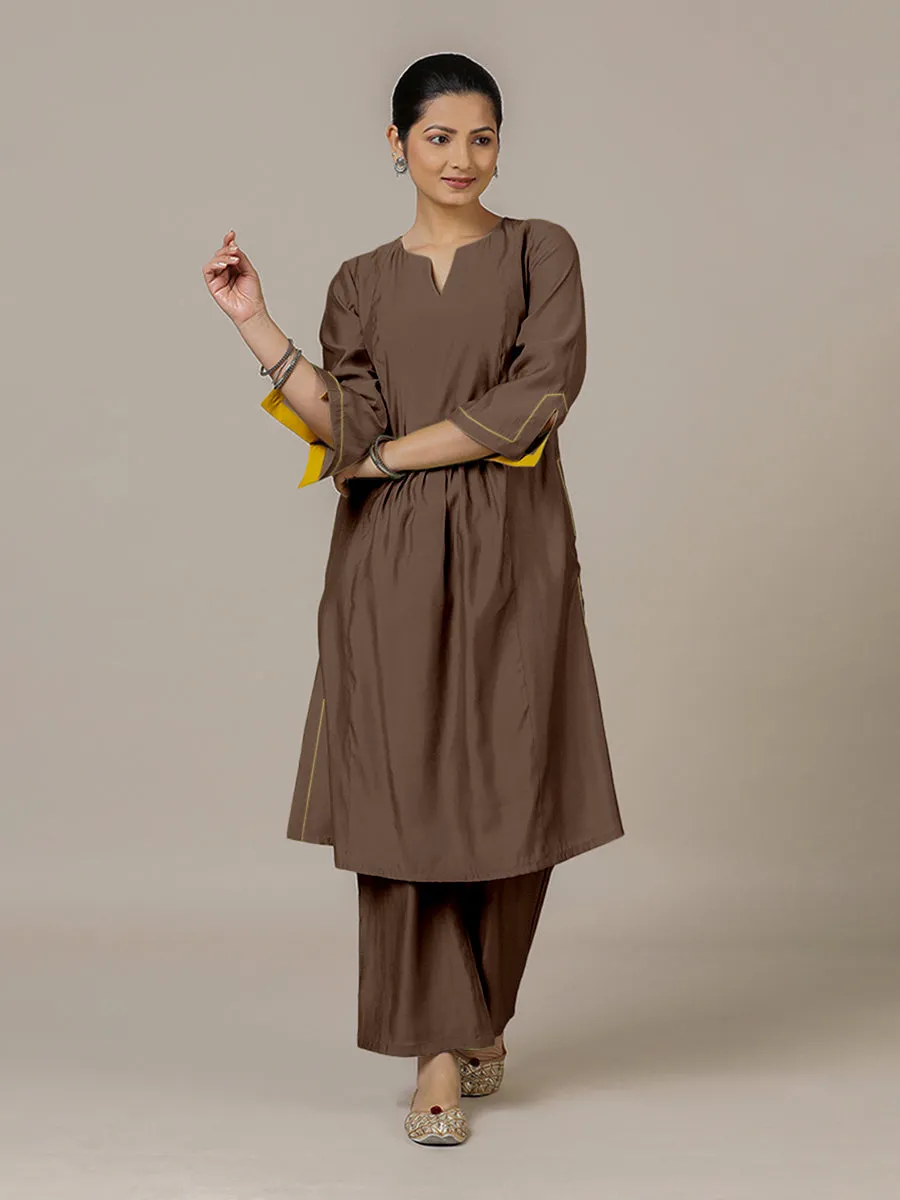 Nimrat x Rozaana | A Line Kurta in Walnut Brown with Thread Work | Coords or Only Kurta