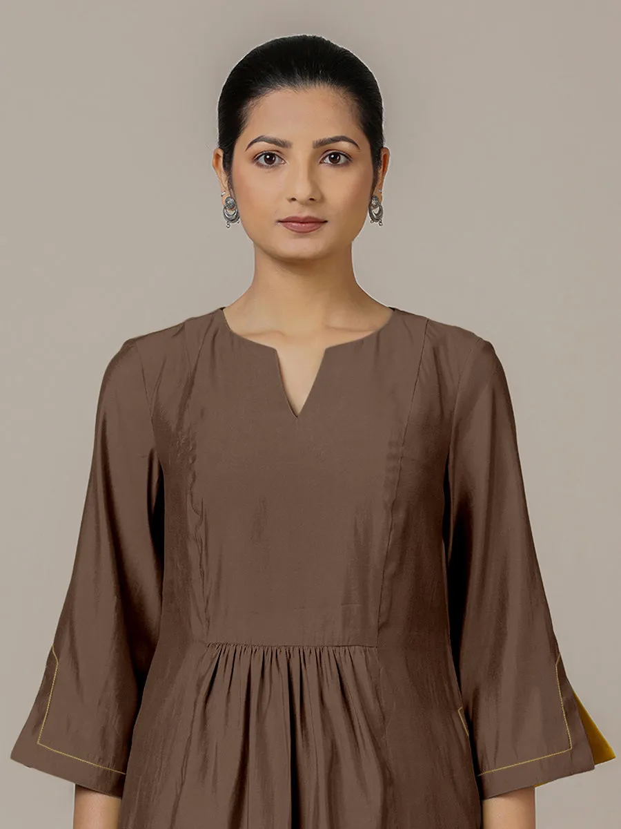 Nimrat x Rozaana | A Line Kurta in Walnut Brown with Thread Work | Coords or Only Kurta