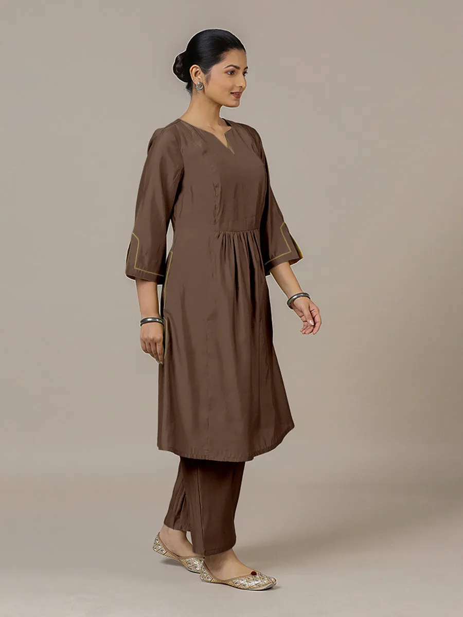 Nimrat x Rozaana | A Line Kurta in Walnut Brown with Thread Work | Coords or Only Kurta