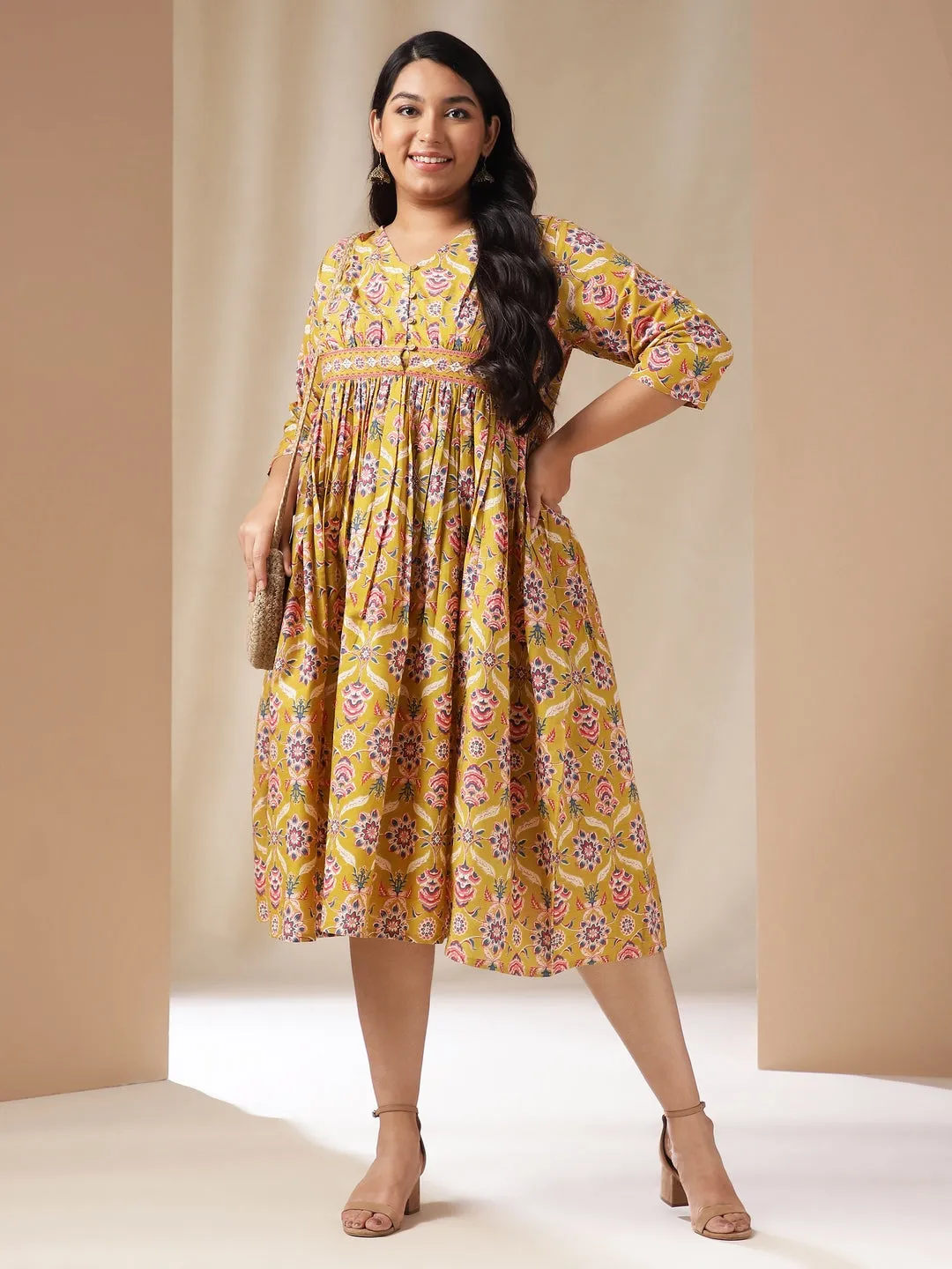 Plus Size Mustard Cotton Ethnic Motif A-Line Dress