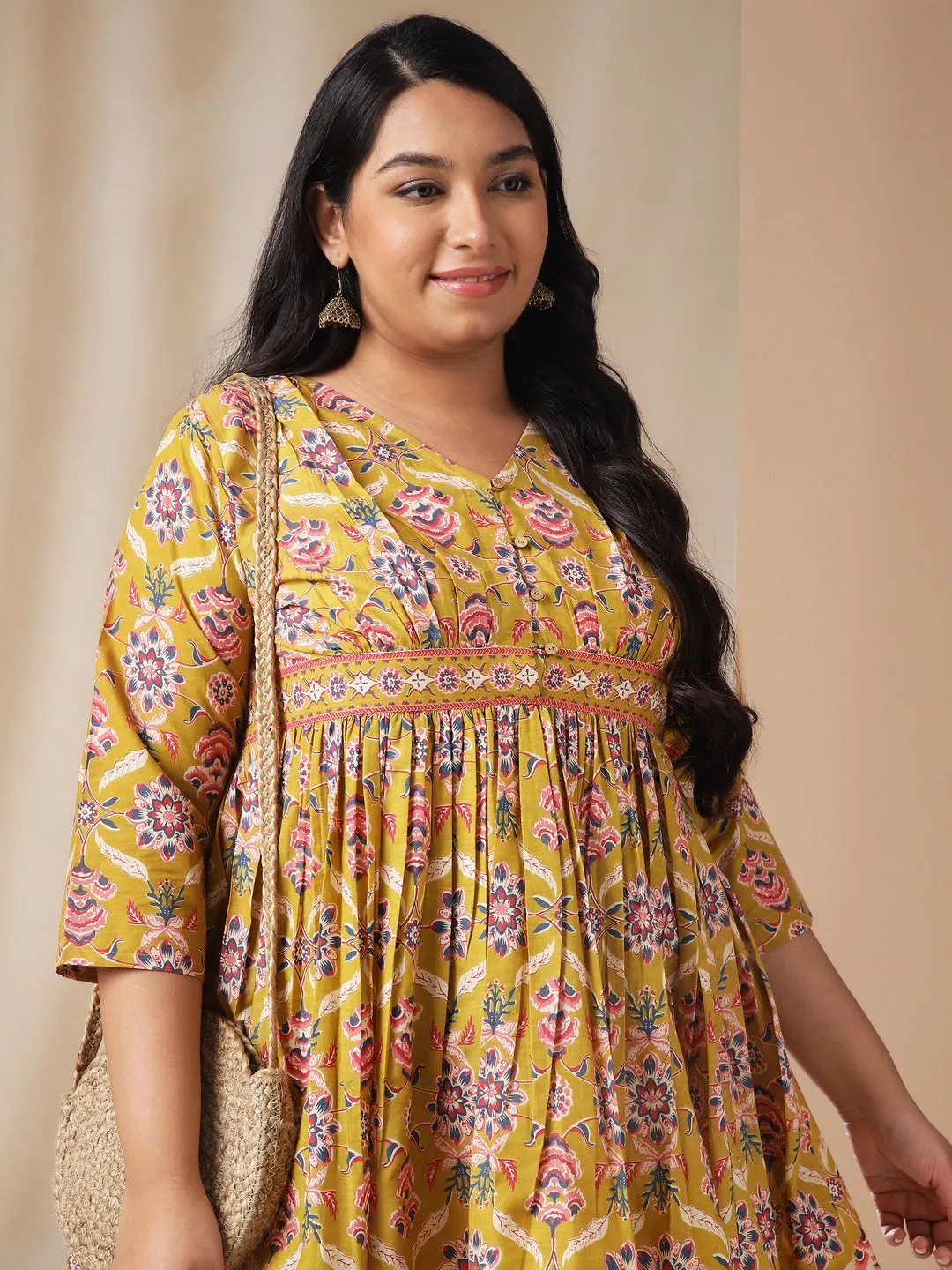 Plus Size Mustard Cotton Ethnic Motif A-Line Dress