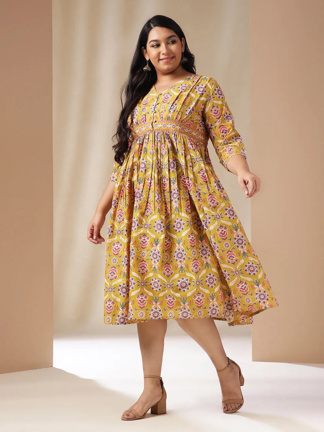 Plus Size Mustard Cotton Ethnic Motif A-Line Dress