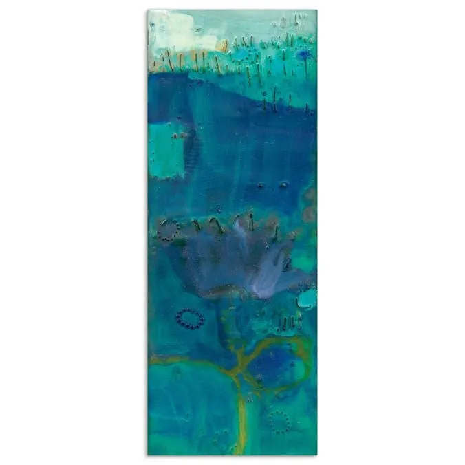 "Reedy Blue III" Frameless Free Floating Tempered Art Glass Abstract Wall Art