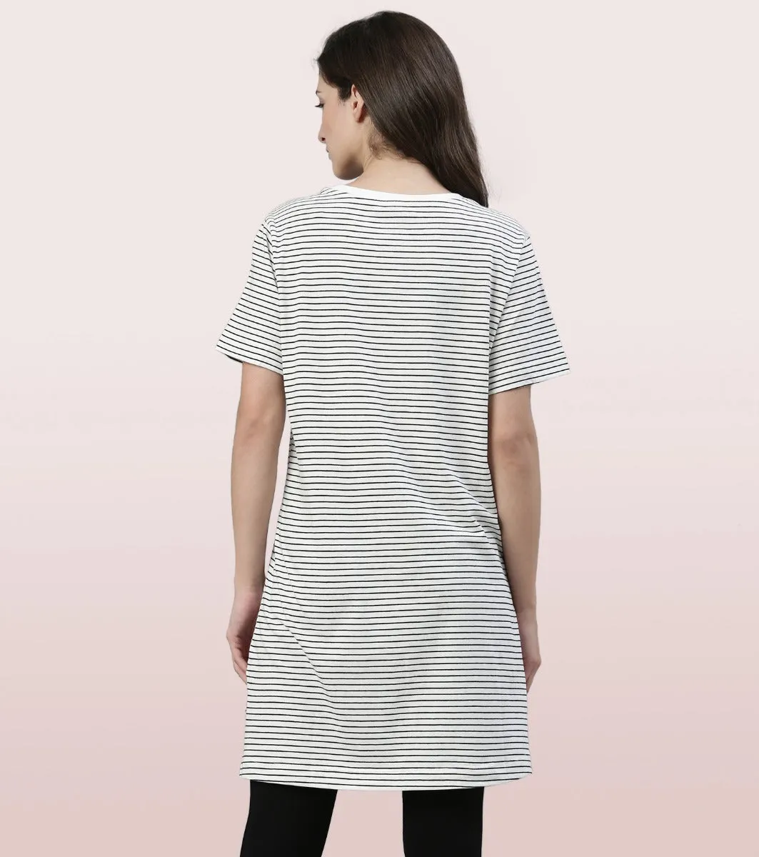 Tunic Tee – Stripes | Short Sleeve Tunic Tee With Side Slit & Mindful Graphic
