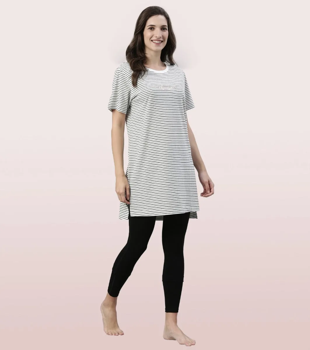 Tunic Tee – Stripes | Short Sleeve Tunic Tee With Side Slit & Mindful Graphic