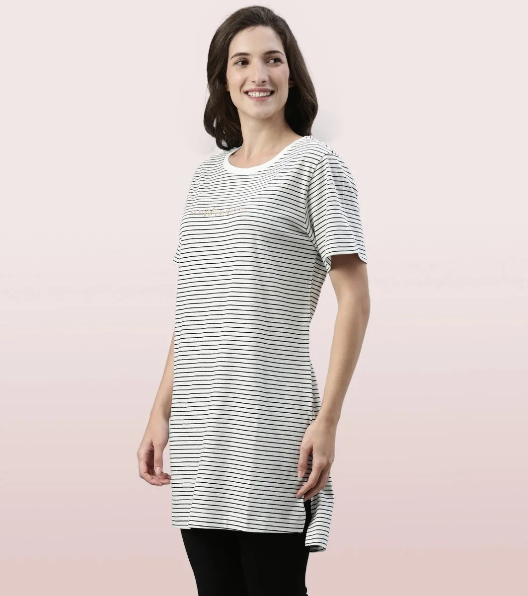 Tunic Tee – Stripes | Short Sleeve Tunic Tee With Side Slit & Mindful Graphic