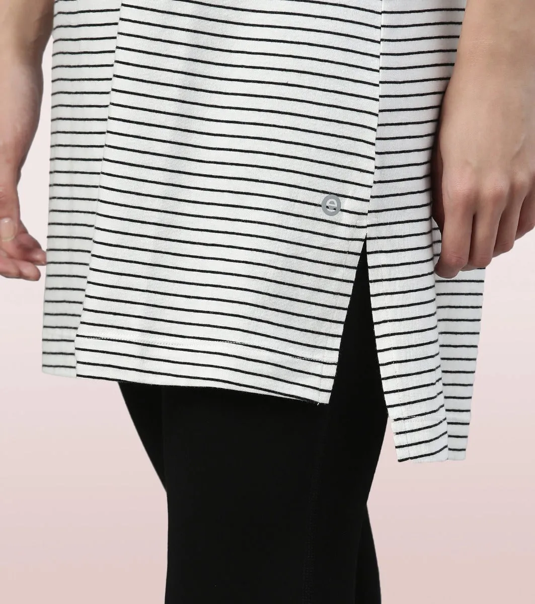 Tunic Tee – Stripes | Short Sleeve Tunic Tee With Side Slit & Mindful Graphic