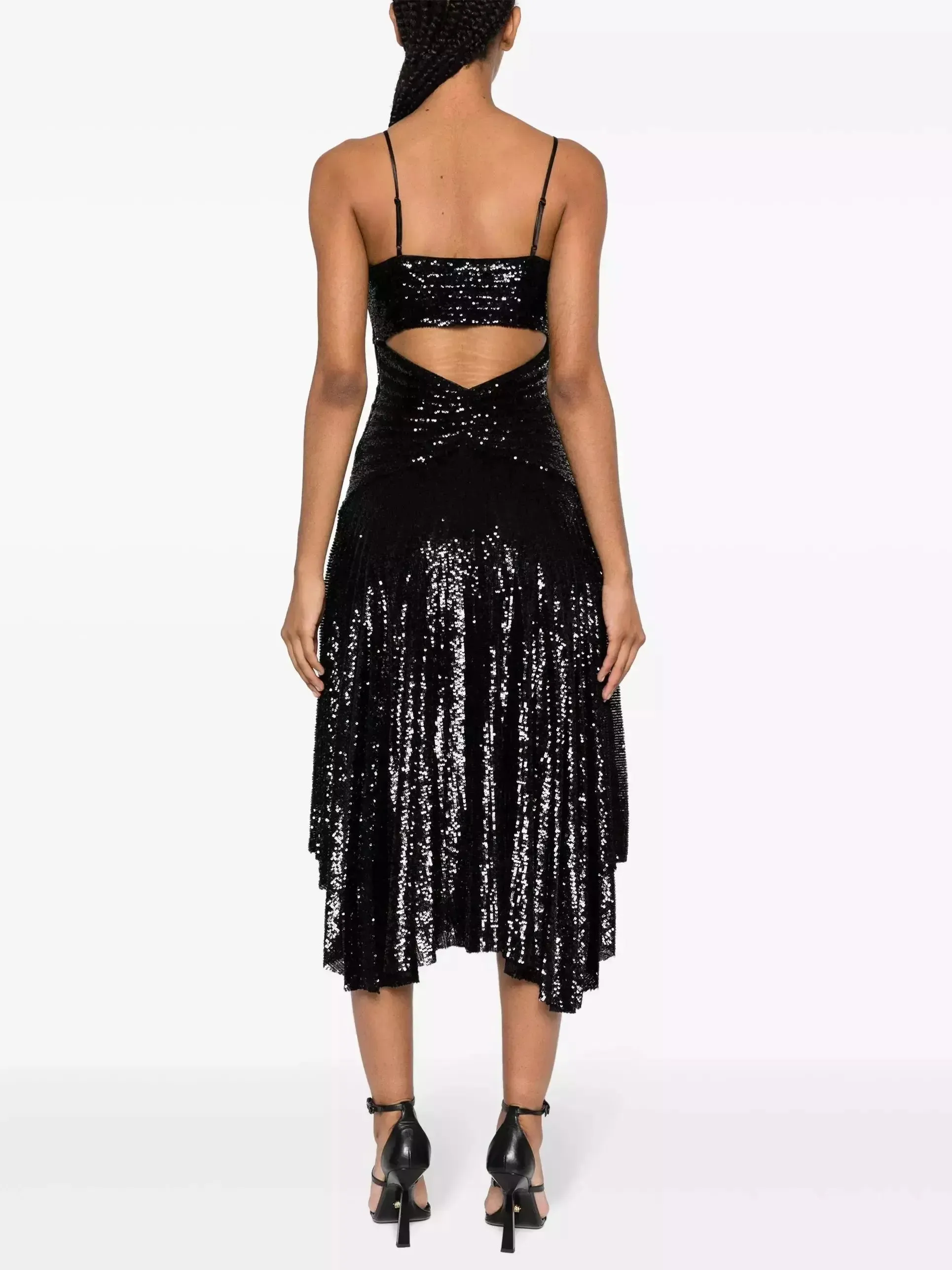 Women’s Black Sequin-Embellished Gathered Pleated Midi Dress