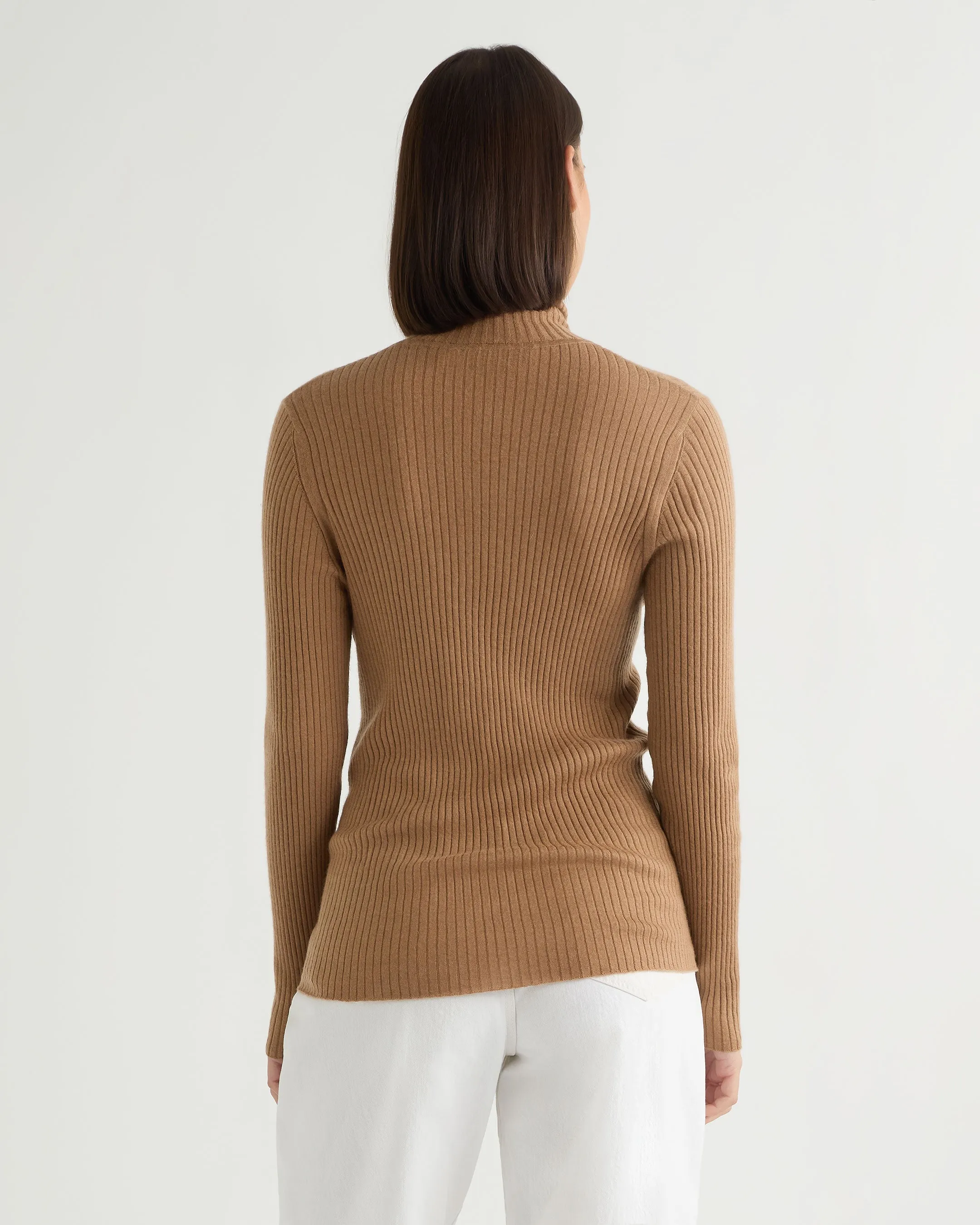 Women's Superfine Cashmere Ribbed Roll Neck Jumper Dark Camel Brown